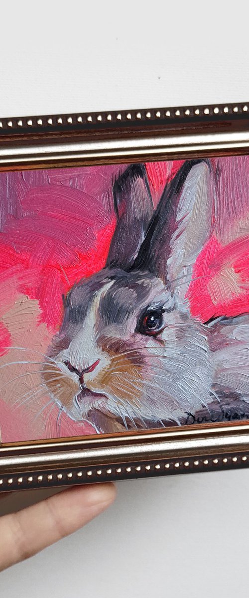 White rabbit painting original oil picture framed 4x4, Small framed art pink rabbit girl gift by Nataly Derevyanko