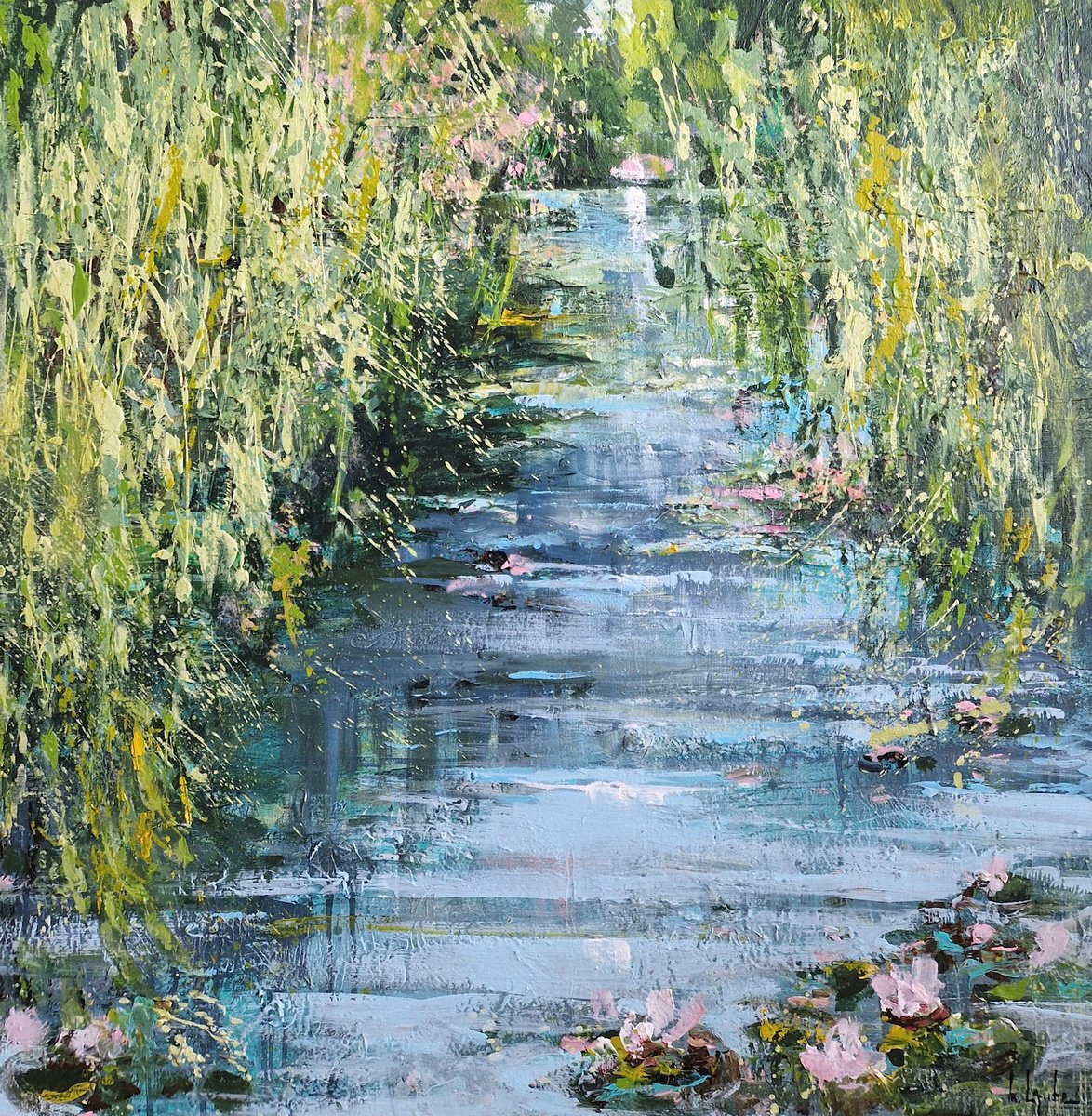 Impressionistic Botanical Acrylic Painting By Irina Laube, 31 X 31, Summer Pond Ii, Original Artwork
