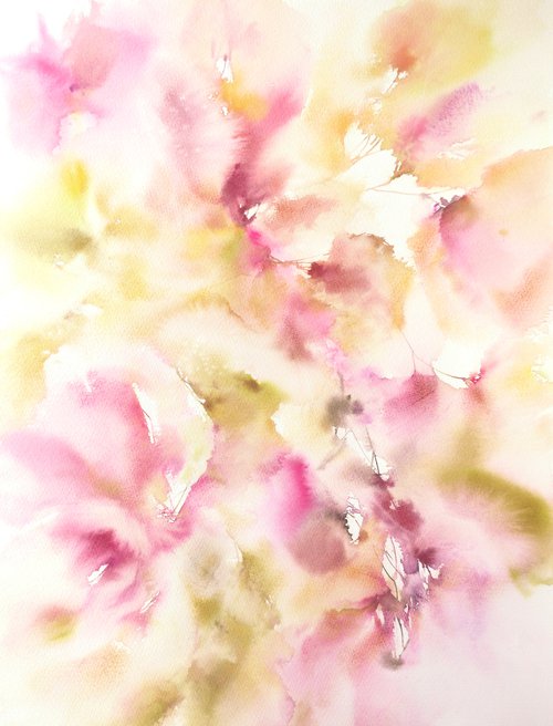 Pastel color floral painting, watercolor loose flowers art "Autumn moments" by Olga Grigo