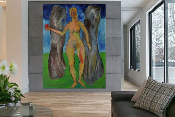 WORLD CREATION - large nude art, original oil painting, Eve, heart, heaven, love