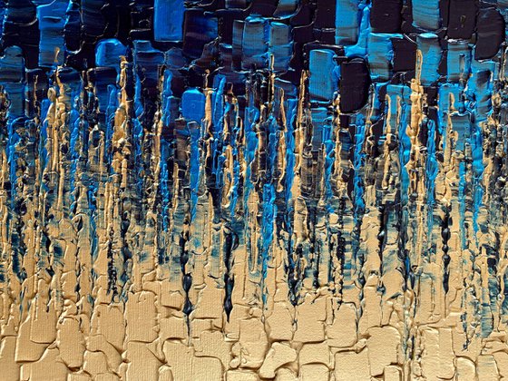 Blue & Gold Cascade - LARGE,  TEXTURED, PALETTE KNIFE ABSTRACT ART – EXPRESSIONS OF ENERGY AND LIGHT. READY TO HANG!