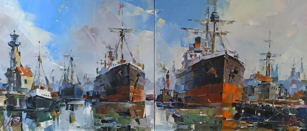 Impressionistic Landscape Oil Painting By Volodymyr Glukhomanyuk, 55 X 24", By The Old Lighthouse Diptych, Original Artwork