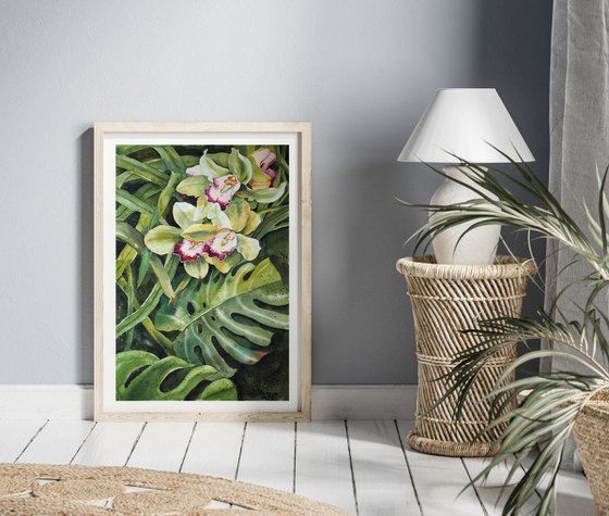 A tropical forest - original watercolor orchid flowers and monstera leaves