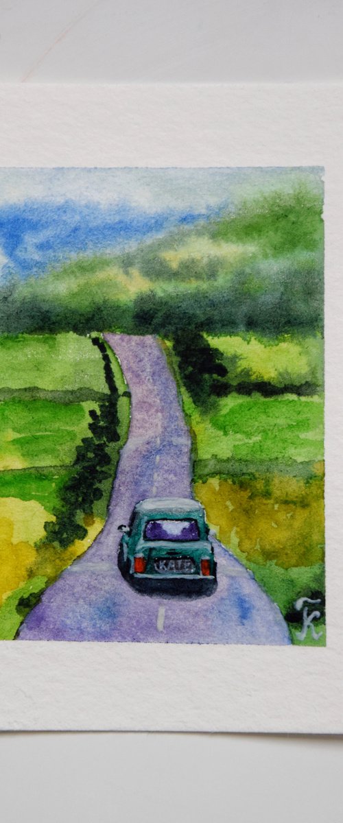 Miniature watercolor painting, Mini Cooper car on road tiny original art by Kate Grishakova