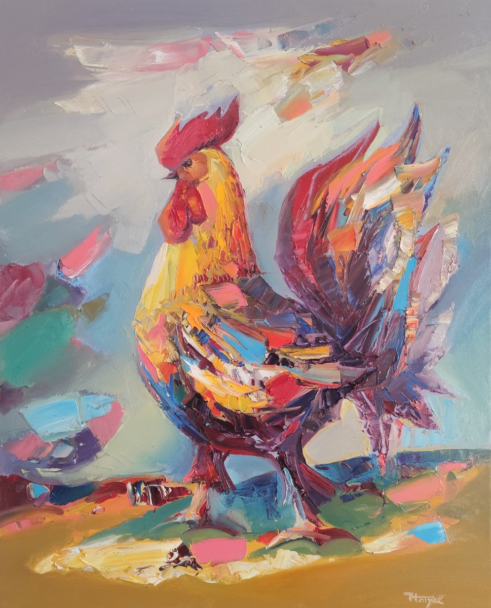 Impressionistic Animal Oil Painting By Hayk Miqayelyan, 20 X 24, Rooster, Original Artwork