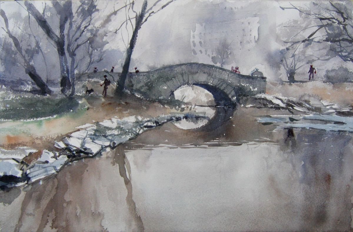 Cityscapes Watercolour By Goran Zigolic Watercolors, 22 X 15, Scene From Central Park, New York, Original Artwork