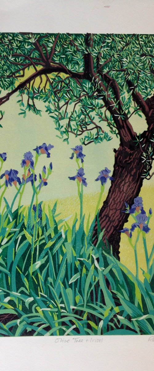 Olive tree and Irises by Rosalind Forster