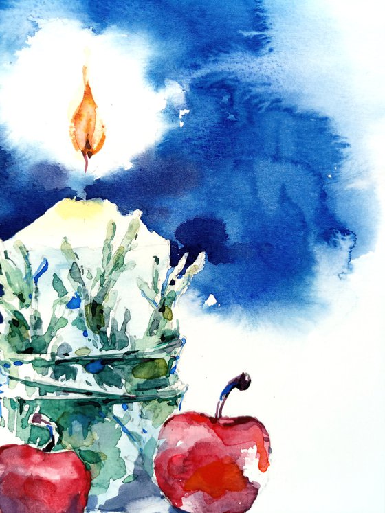 "Decorated Christmas candle" original watercolor artwork