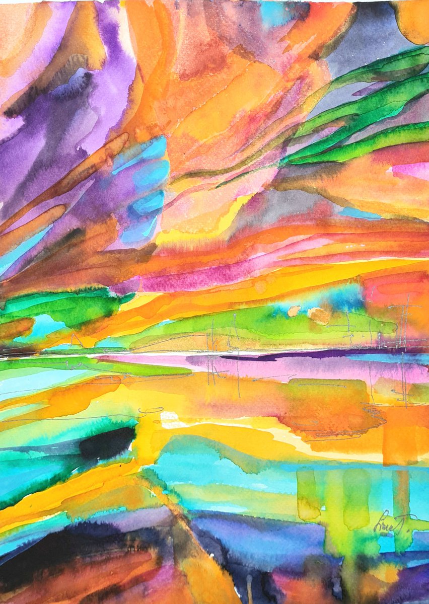 Organic Landscape Painting By Simon Tunde, 12 X 16", Dramatic Reflection (30X40Cm), Original Artwork