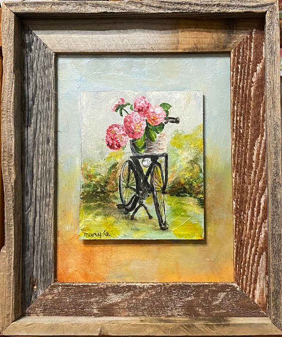 Hydrangeas bike original oil painting driftwood frame