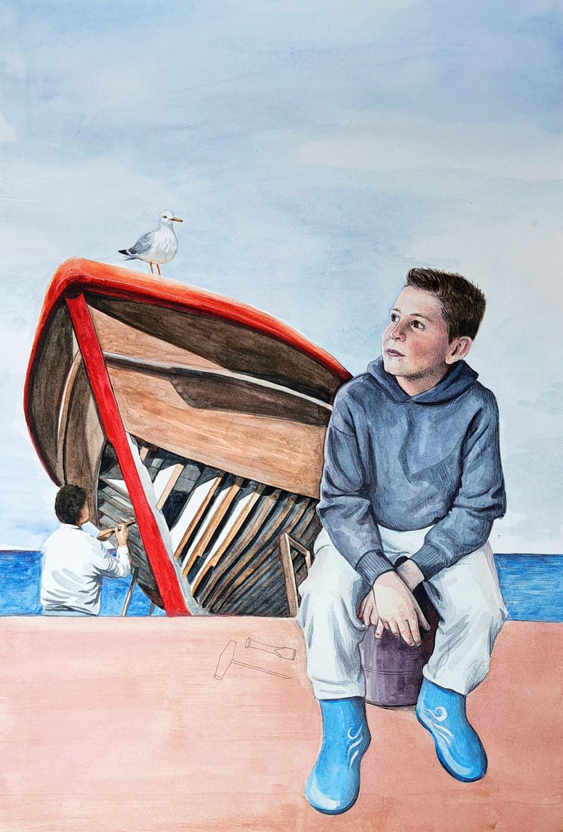 Illustrative Portrait Painting By Andromachi Giannopoulou, 12 X 17, Seagull And Boy, Original Artwork