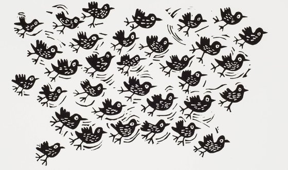 Thirty-three starlings - lino
