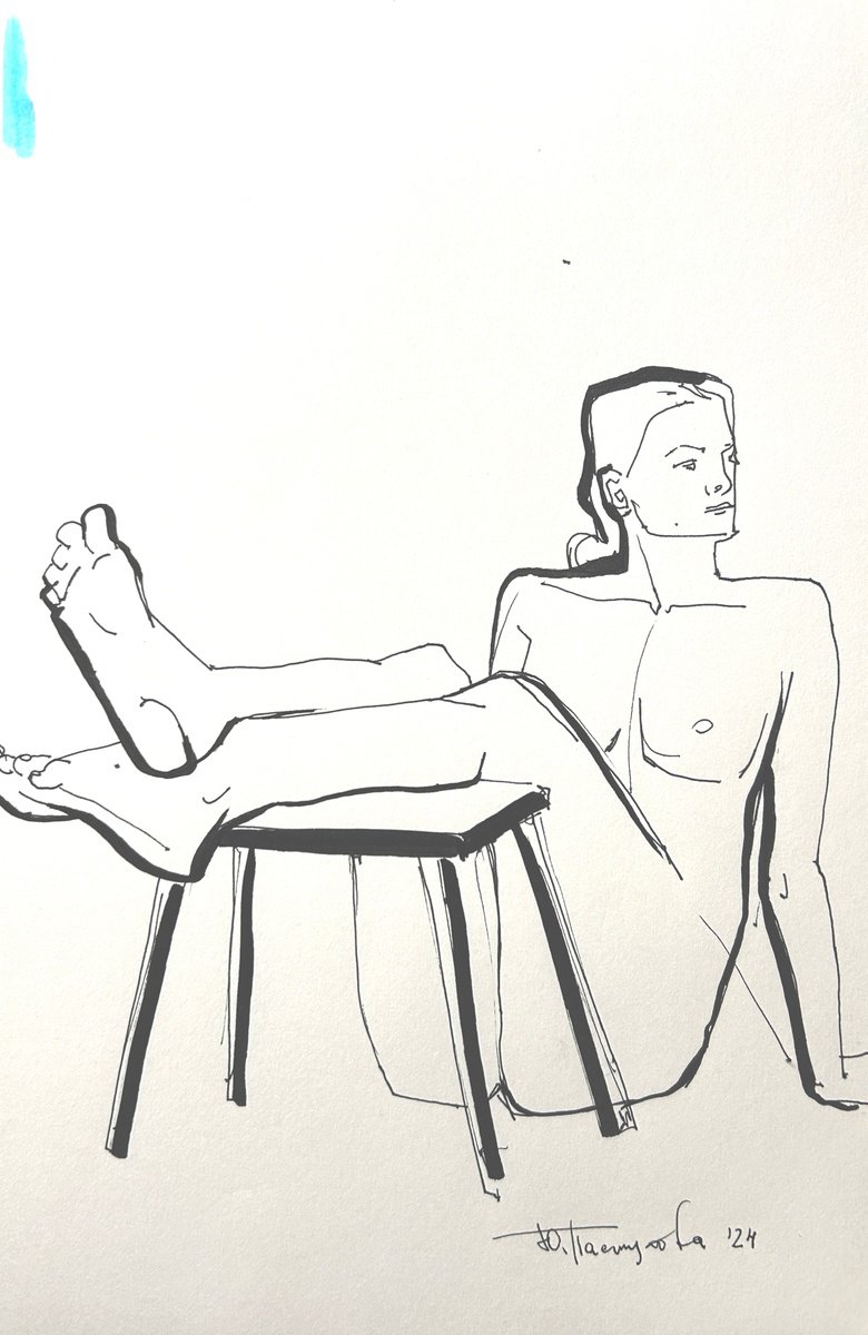 Graphic Portrait Ink Drawing By Yuliia Pastukhova, 8 X 11", Girl And Chair Nude Sketch, Original Artwork