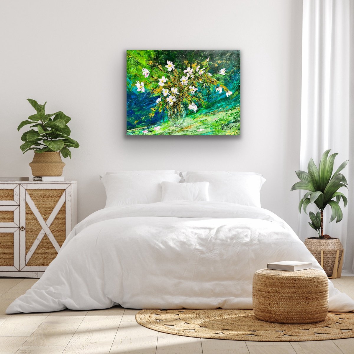 Impressionistic Still Life Acrylic Painting By Pooja Verma, 31 X 24", Vase Of Summer Flowers, Original Artwork