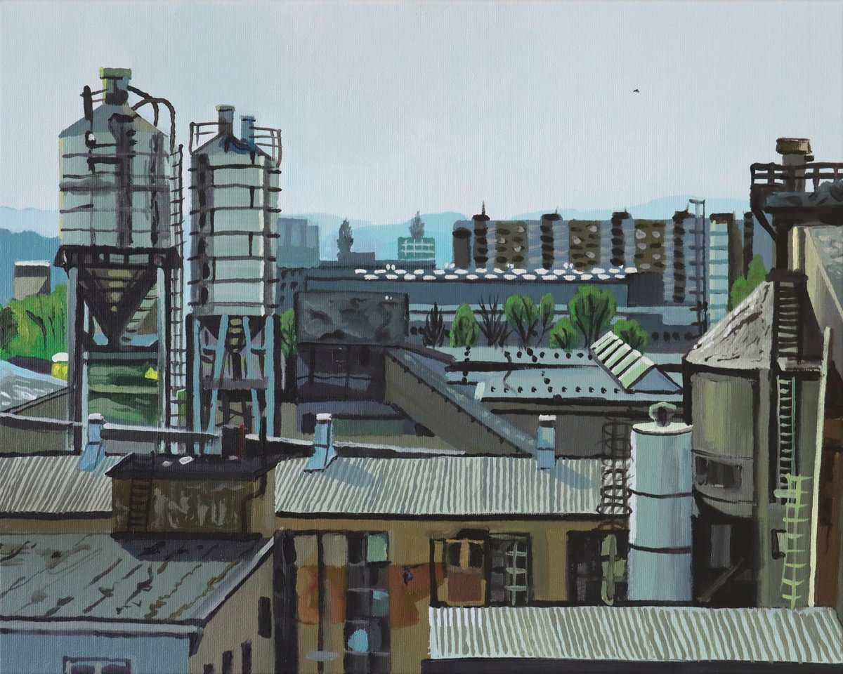 Impressionistic Cityscapes Acrylic Painting By Zoltan Till, 20 X 16", Industrial Prospect, Original Artwork