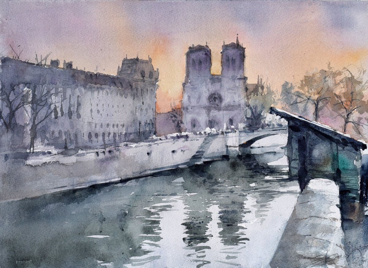 Impressionistic Cityscapes Watercolour By Goran Zigolic Watercolors, 15 X 11, Notre Dame At Dusk, Original Artwork