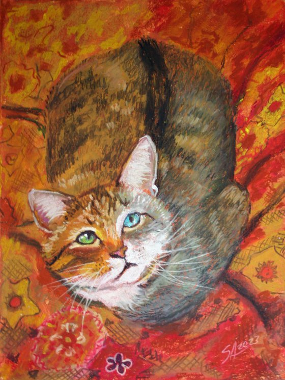 Cat I / FROM THE ANIMAL PORTRAITS SERIES / ORIGINAL OIL PASTEL PAINTING