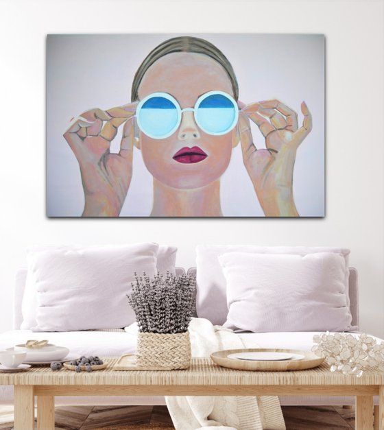 Extra large  painting, Girl with sunglasses / 140 x 90 x 5 cm