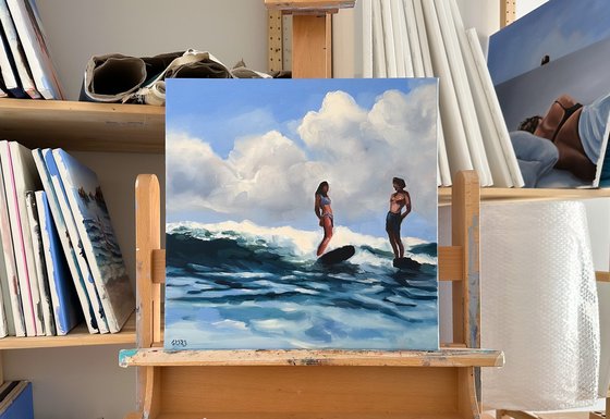 Serfers - Couple Surfing Ocean Wave Seascape Painting