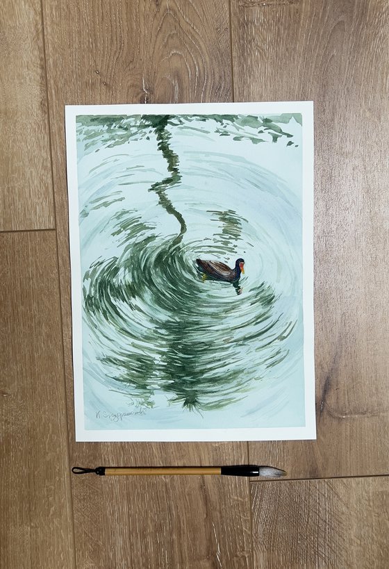 Duck swimming in palm tree reflection