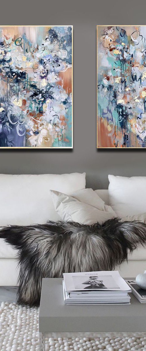 Paradise Vision - Flowers painting 48" x 36" Abstract Flower Art, Set of Two Paintings, Multi Panel Abstract, ORIGINAL Painting, Gold Leaf Painting, Black and Gold, Large Art by Lana Guise