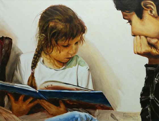 Little sister - portrait painting of a girl reading a book.