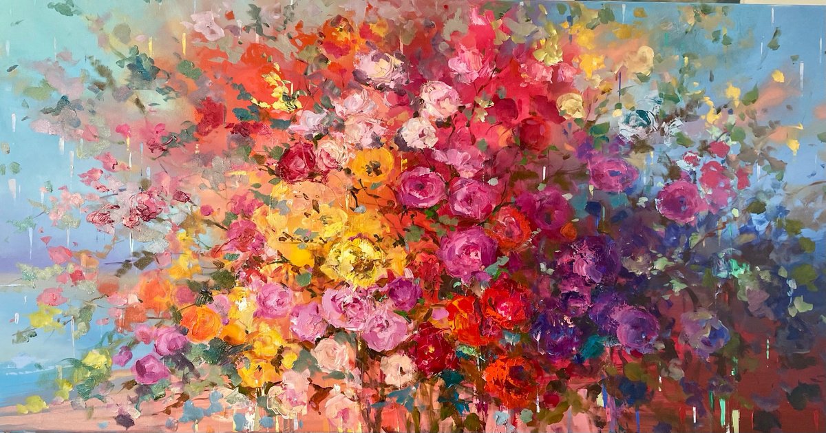 Impressionistic Botanical Oil Painting By Ewa Czarniecka, 46 X 24, Flowers Storm, Original Artwork