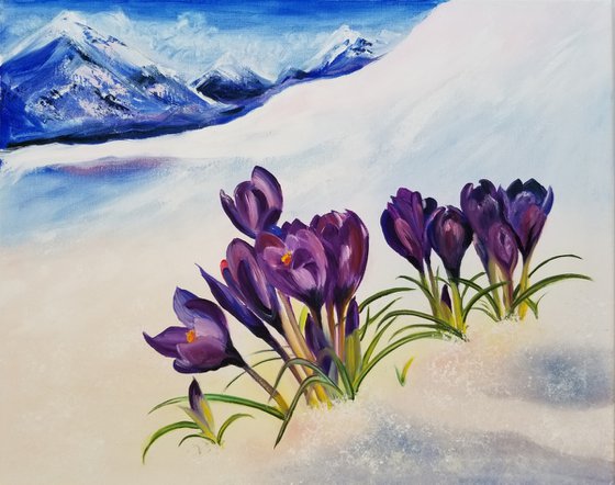 Crocuses in the Alps. Sunny Day in the Alps. Mothers Day Gift. Gift for Mom. Wall Art. Spectacular Oil Painting on Canvas. Home Decor.