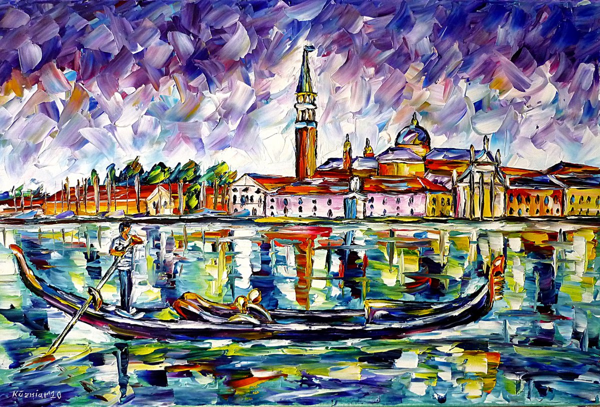 Expressive Cityscapes Oil Painting By Mirek Kuzniar, 24 X 16", San Giorgio Maggiore, Original Artwork