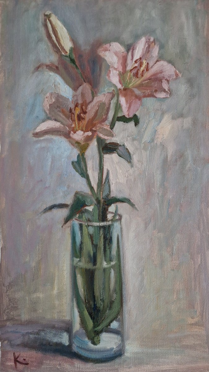 Impressionistic Botanical Oil Painting By Olena Kolotova, 16 X 28", Still-Life With Flowers "Lilies", Original Artwork
