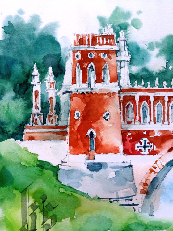 Architectural landscape "Bridge in Tsaritsyno Park" original watercolor painting