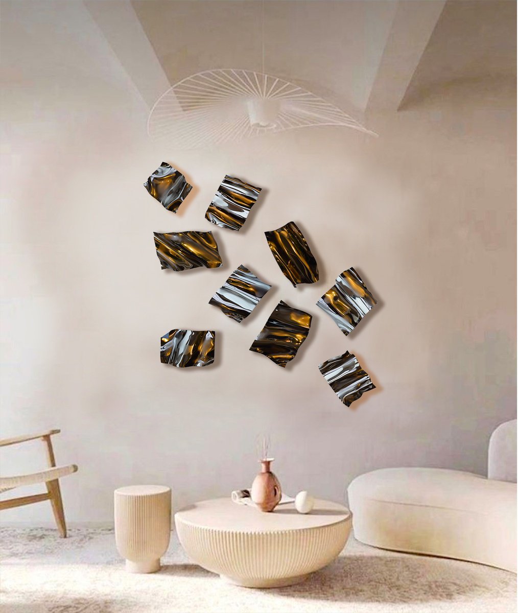 Geometric Abstract Sculpture By Anna Sidi-Yacoub, 29 X 29, Scattered Leaves In Bronze, Original Artwork