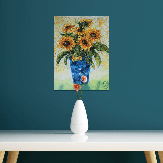 Yellow Sunflowers in a Blue Vase