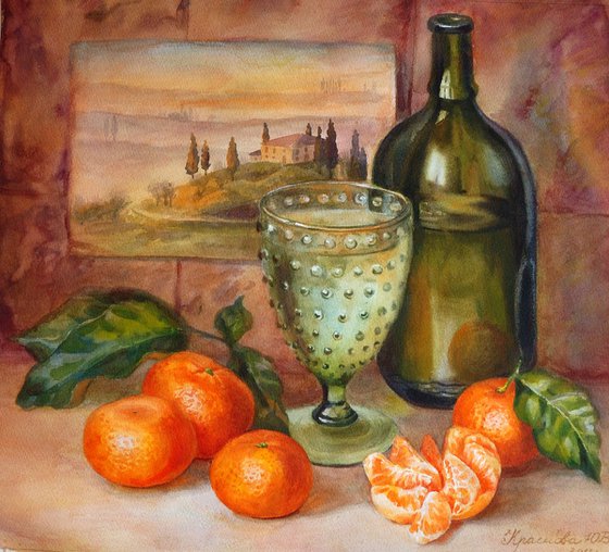 Still life with a green bottle and tangerines