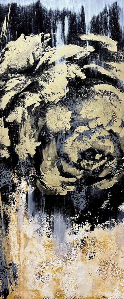 Golden and Black abstract painting. Black gold abstraction flower. AMAZING GOLD FLOWERS. by Marina Skromova