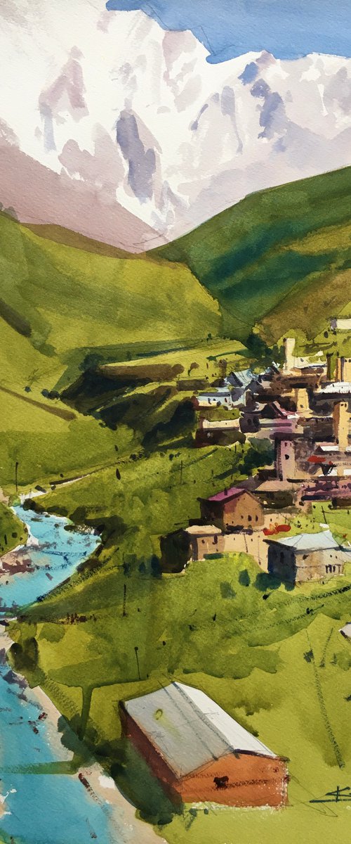 Original watercolor painting “Mountain freshness. Ushguli, Svaneti. Georgia” by Andrii Kovalyk