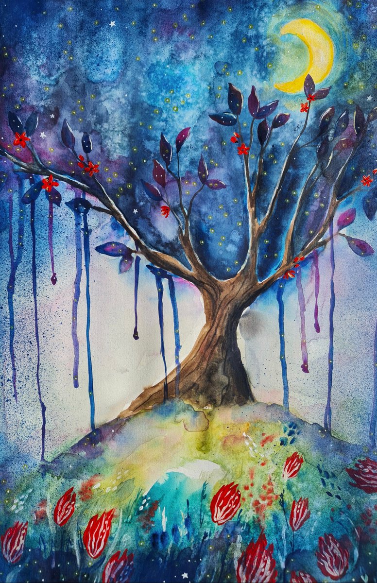 Surrealistic Landscape Watercolour By Evgenia Smirnova, 15 X 22, Echoes Of The Night, Original Artwork