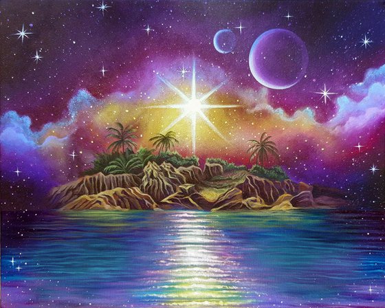 "Dream island", magic landscape, seascape, acrylic painting