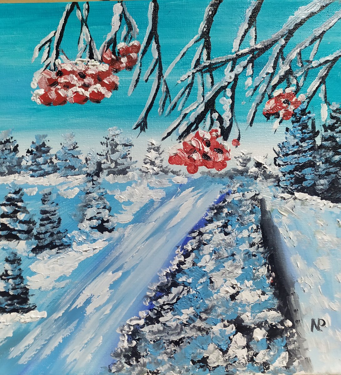 Winter morning, original small winter landscape with trees, viburnum painting by Nataliia Plakhotnyk