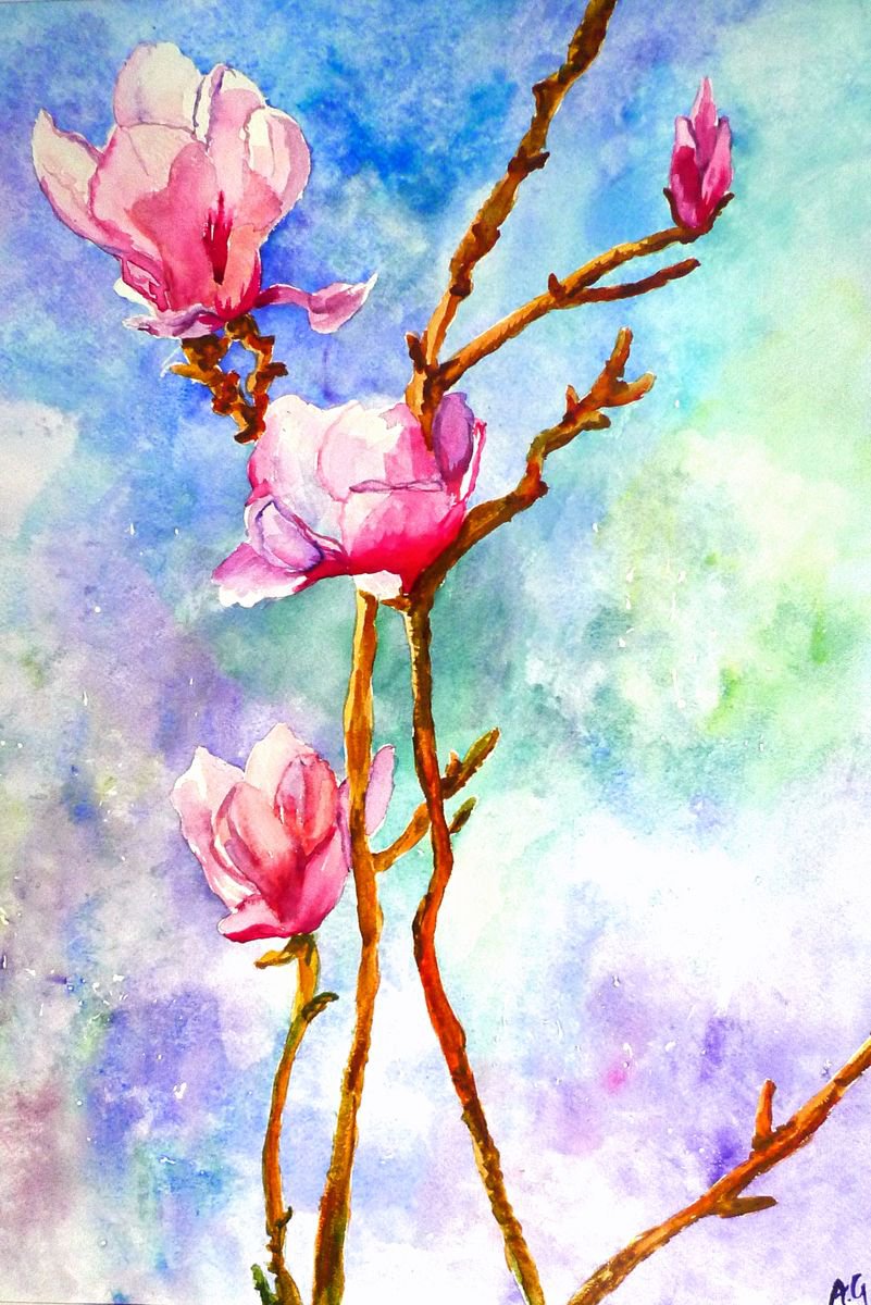 Impressionistic Botanical Watercolour By Aneta Gajos, 16 X 22, Magnolia, Original Artwork
