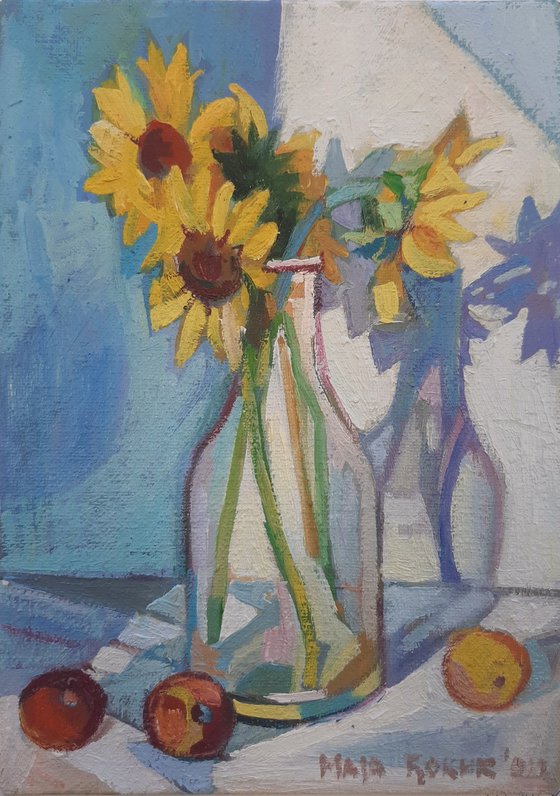 Sunflowers in a glass vase, miniature,  2022
