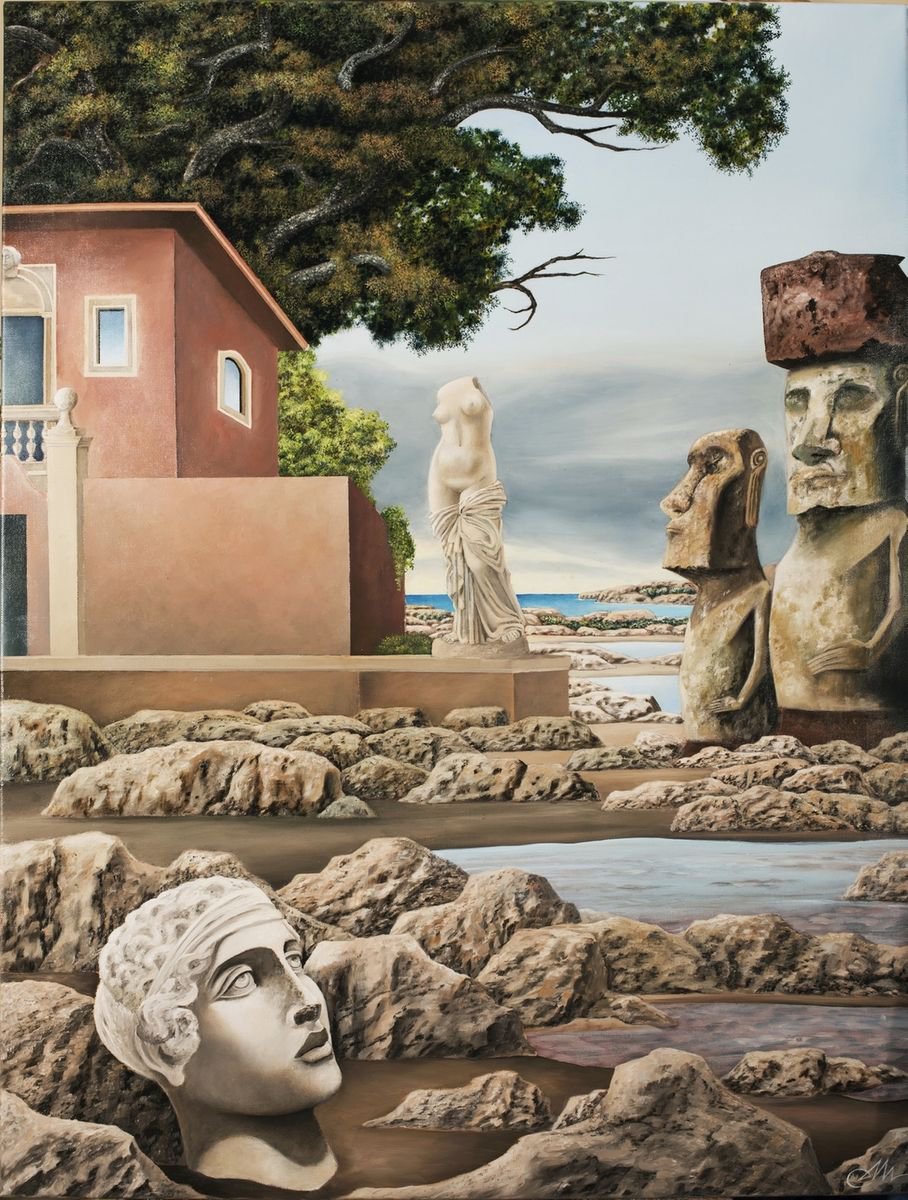 Surrealistic Oil Painting , On The Island Cm.90Xcm.120 By Cecco Mariniello, 35 X 47, Artwork For Sale On Artfinder