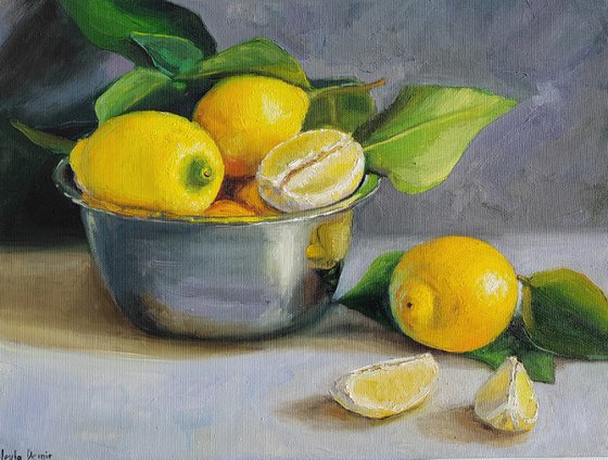 Lemon fruit slices in metal bowl oil painting still life