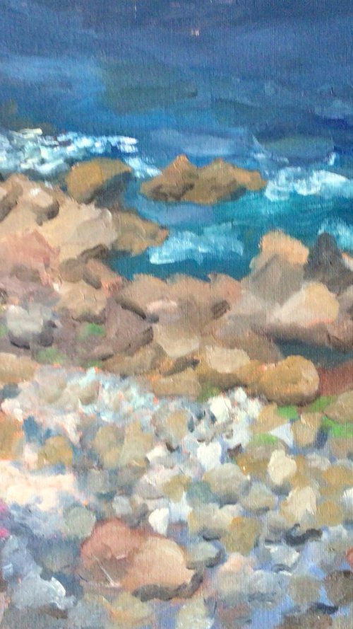 On the rocks at Sennen, Cornwall, oil painting. by Julian Lovegrove Art