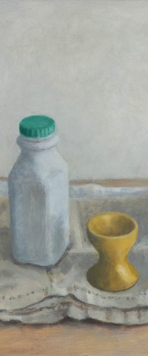 Milk bottle with egg cup by Hugo Lines