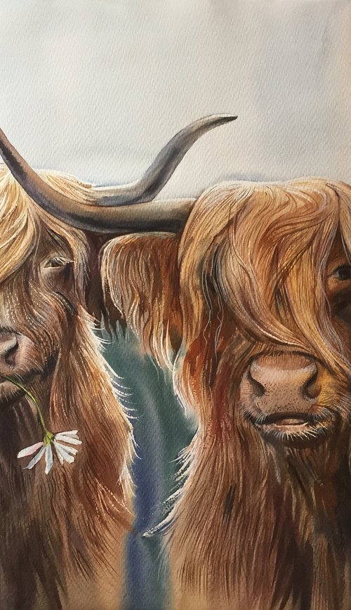 Loving bulls. Romantic painting by Natalia Veyner