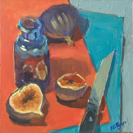 Small Painting - Figs on red and blue - One of a kind artwork, Homedecor