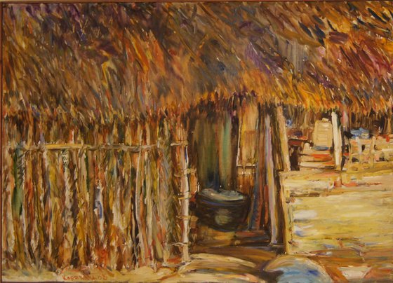 ON THE WAY TO MAMALLAPURAM - Hut in India countryside, original oil painting, landscape art, oriental village