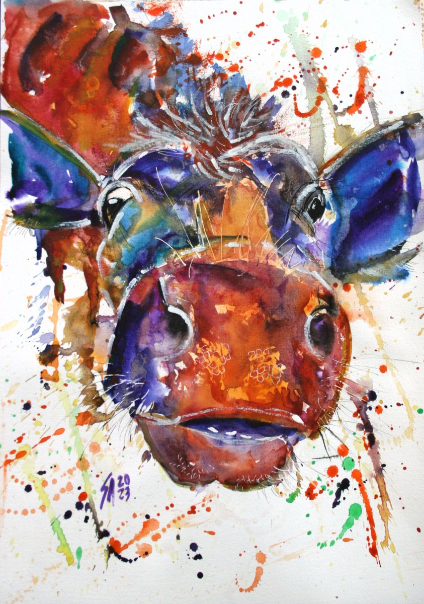 Expressive Watercolour , Funny Cow Ii By Salana Art / Svetlana Samovarova, 12 X 17, Artwork For Sale On Artfinder