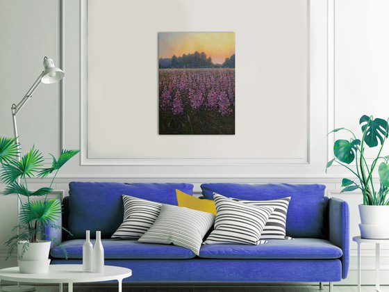 Sunset Over The Fireweed Field - summer painting landscape